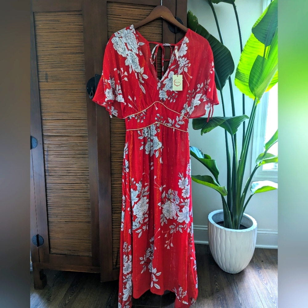 NWT Anthropologie, RAGA red/white floral maxi dress, gold accents, size XS